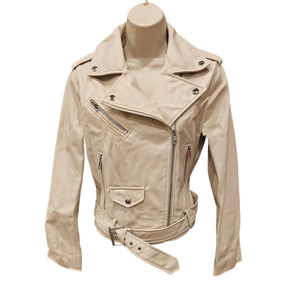 Zara neutral Faux Leather Motorcycle Moto Jacket Zip Up Ecru Beige L w/ belt